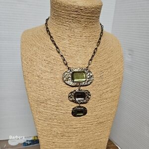 Vintage Hammered Brass Green and Pink/Mauve Drop Pendant Necklace